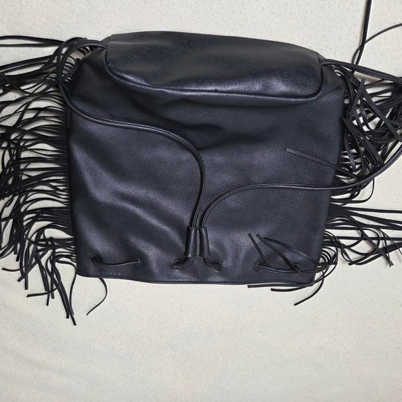 Victoria Secret Black Fringe Drawstring Bucket Faux Leather Backpack‎ Bag - Picture 3 of 3